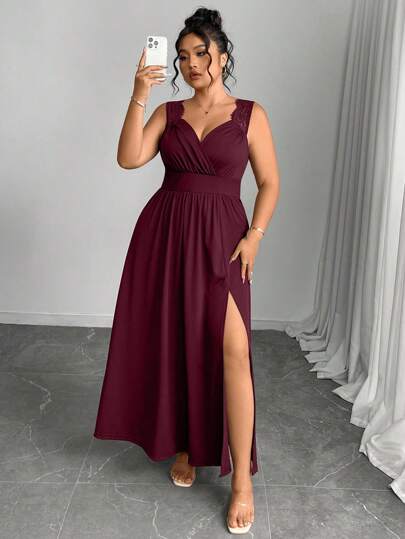 Elenzga Große Größen V-Ausschnitt Kontrast-Spitze Trägerkleid im A-Linie Stil mit Schlitz