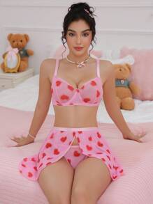 SHEIN 3pcs/Set Printed Mesh Front Opening Underwire Sexy Women Lingerie Set - Multicolor - View 5