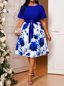 SHEIN Lady Vestidos de verano elegantes y casuales para la oficina y el uso diario, con estilo bohemio, de ganchillo, de colores vivos, cuello redondo, mangas cortas, cinturón y largo midi. Para mujeres de talla grande. Atuendos de verano, vestidos de verano, ropa de oficina y vestidos de vacaciones para mujeres.