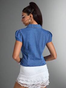 Jeanoix Chaqueta de mezclilla con cuello vuelto y botones, manga corta - Azul lavado medio - Ver 2