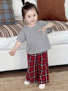 Dazy Kids 2pcs Toddler Girls' Casual Round Neck T-Shirt And Plaid Pants Set, Home Wear - Dark Grey - View 6