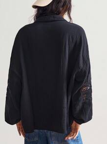 Bohemela 大码纯色简约镂空长袖衬衫，休闲日常穿着