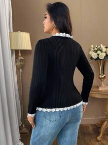 Elenzga Cárdigan elegante de manga larga con adornos de encaje y perlas falsas, y ribete contrastante, talla grande - Negro - Ver 2