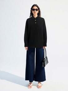 LYSMO Camisa negra holgada de manga larga con diseño de botones para mujer - Negro - Ver 4