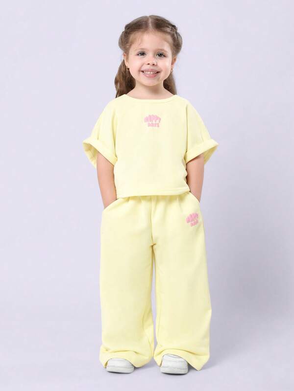 SUMWON Girls Summer Co-Ord Happy Days Wide Leg Lounge Set Toddler Play Casual Holiday Outfit Holiday Beach
