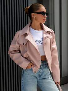 EURMUSE Faux Leather Jacket With Snap Button Front, Pink, Street Style - Pink - View 4