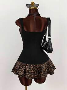 Amplova Women Vintage Wild Basic Square Neck Tight A-Line Pleated Mini Dress, Summer Leopard Print - Multicolor - View 7