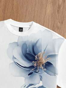 Claim Dot 男士时尚花卉印花宽松短款T恤，适合夏季，情侣装，男士短款上衣 - 白色 - 查看 3