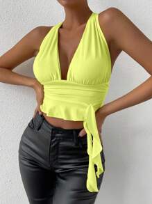 Zolique 蝴蝶黄色性感露背吊带褶饰上衣、狂欢节、基本款背心、外出背心、女士办公室上衣、返校、街头服饰、秋季、万圣节上衣