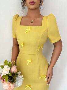 Modelyn Vestido de mujer de tela de tweed amarillo encantador, con cuello cuadrado, mangas cortas y detalle de moño, diseño elegante de longitud hasta la rodilla - Amarillo - Ver 4