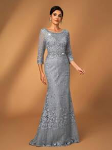 Serin Dusty Blue Summer Formal Elegant Evening Formal Wedding Dress,Luxury Embroidered Lace Rhinestone Pearl Sheer Long Sleeve Mermaid Bridal Mother Gown - Army Green - View 1