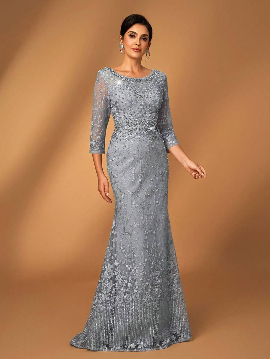 Serin Dusty Blue Summer Formal Elegant Evening Formal Wedding Dress,Luxury Embroidered Lace Rhinestone Pearl Sheer Long Sleeve Mermaid Bridal Mother Gown - Army Green - View 1