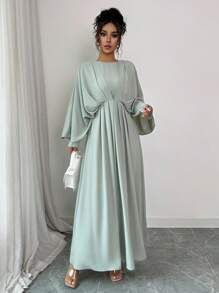 Elenzga Robe maxi élégante et sophistiquée pour femme, style minimaliste et de haute qualité, convient pour le bureau, les déplacements, la plage, les festivals de musique, le thé de l'après-midi, les courses, les croisières. Col rond, 2 en 1 avec plis à la taille et manches chauve-souris, coupe évasée, printemps/été