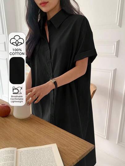 DAZY 女士宽松短袖中长衬衫裙