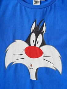 LOONEY TUNES X SHEIN maglietta a maniche corte per ragazzo giovane, con motivo a blocchi di colore e gatto cartoni animati