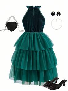 Sparklyn 少女优雅天鹅绒串珠无袖修身网眼蛋糕裙，秋冬奢华派对礼服 - 墨綠色 - 查看 2