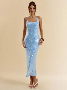 SHEIN BAE 夏季性感华丽薄荷绿亮片波西米亚风海滩度假演唱会服装女式露背夏季连衣裙，女士夏季服装，女士性感俱乐部服装，闪亮度假连衣裙，派对连衣裙 - 淺藍色 - 查看 3