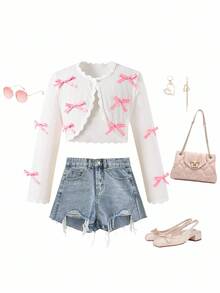 青少年女孩休闲/通勤粉色蝴蝶结白色斗篷单排扣夹克，适合上学，春秋季 - 白色 - 查看 3