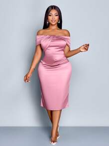 SOLERSUN SOLERSUN Women's Plus Size Fashion Solid Color Elegant Party Off-The-Shoulder Ruffled Satin Midi Dress, Diverse Twist Design Dress, Autumn, Winter, Music Festival, Party,Fall