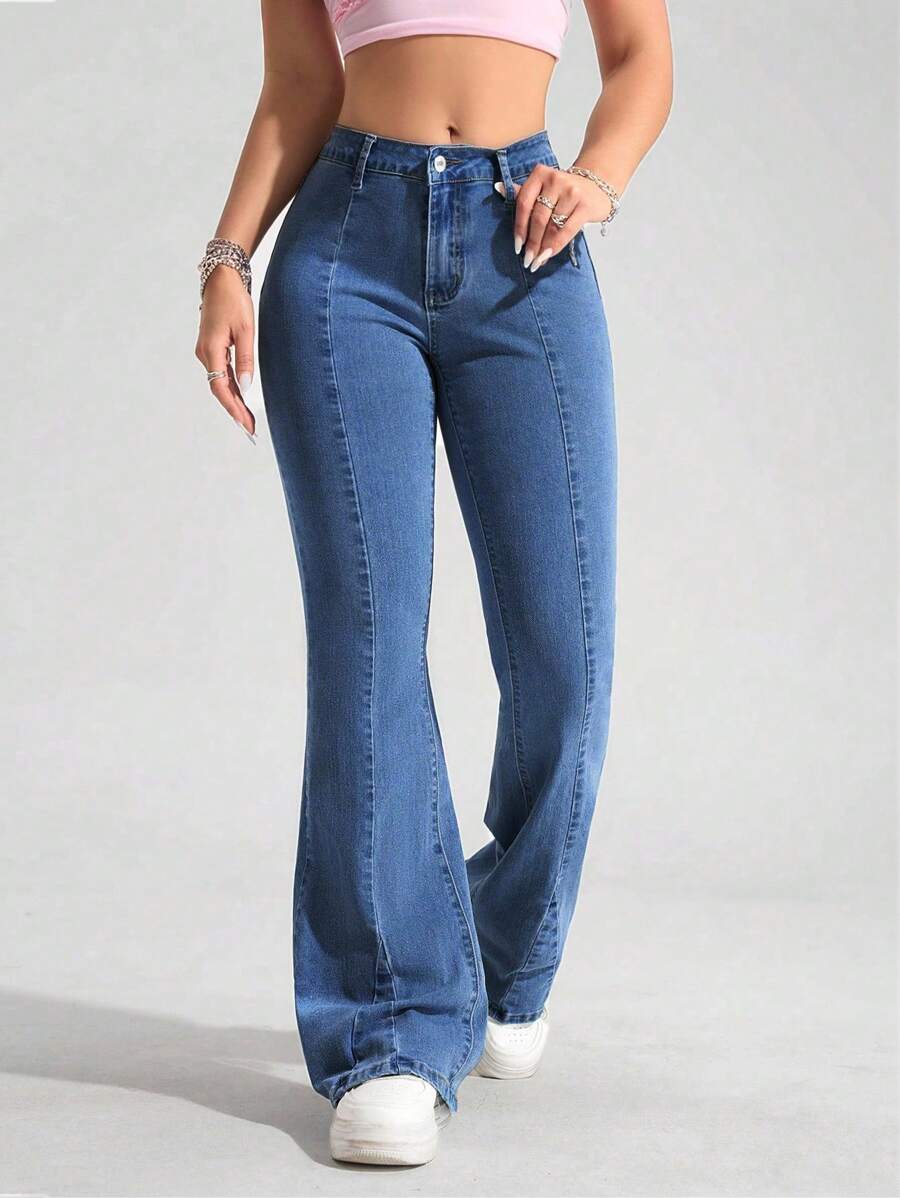 SHEIN PETITE Quần Jeans Ống Loe Skinny Thường Ngày Đa Năng Cho Nữ - Rửa trung bình - Xem 1