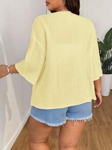 SHEIN EZwear 加大码黄色棉质轻薄短款开衫，夏季和服沙滩罩衫上衣前开襟上衣，秋冬季女士夏季开衫 - 黃色 - 查看 2