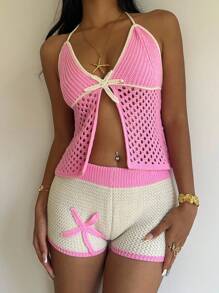 Aloruh 2pcs/Set Women's Vacation Casual Backless Halter Knit Top And Shorts - Pink - View 4