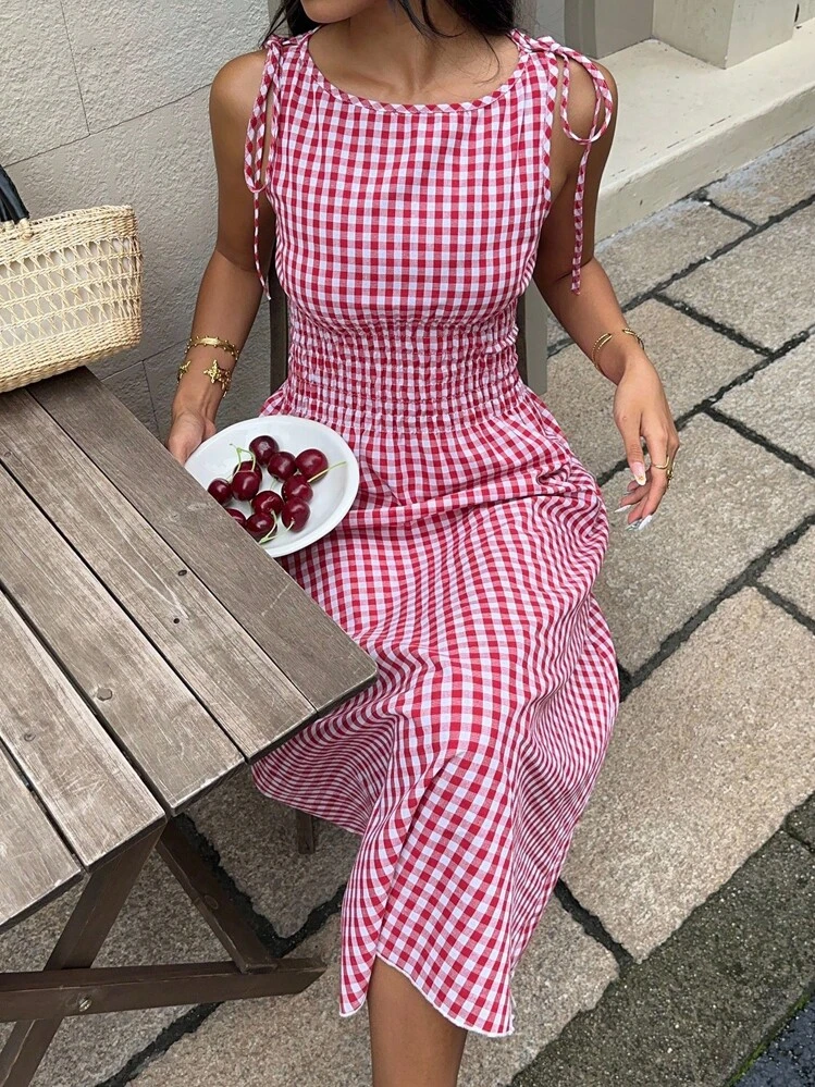 MainGRL Vestido de mujer de largo medio versátil para fiesta, vacaciones y uso casual clásico - Rojo y blanco - Añade 5