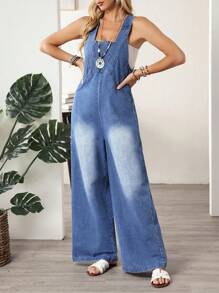 EMERY ROSE 女式休闲阔腿牛仔背带裤 - 藍色 - 查看 4