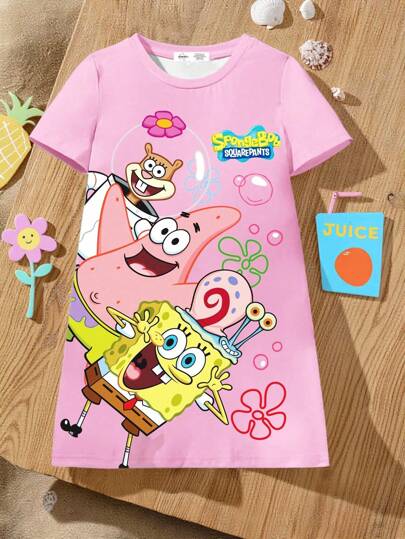 SpongeBob SquarePants | SHEIN Young Girl Round Neck Short Sleeve Pink Comfortable Casual Cute Cartoon Patrick, Sandy, Gary Floral & Letter Pattern Summer Dress