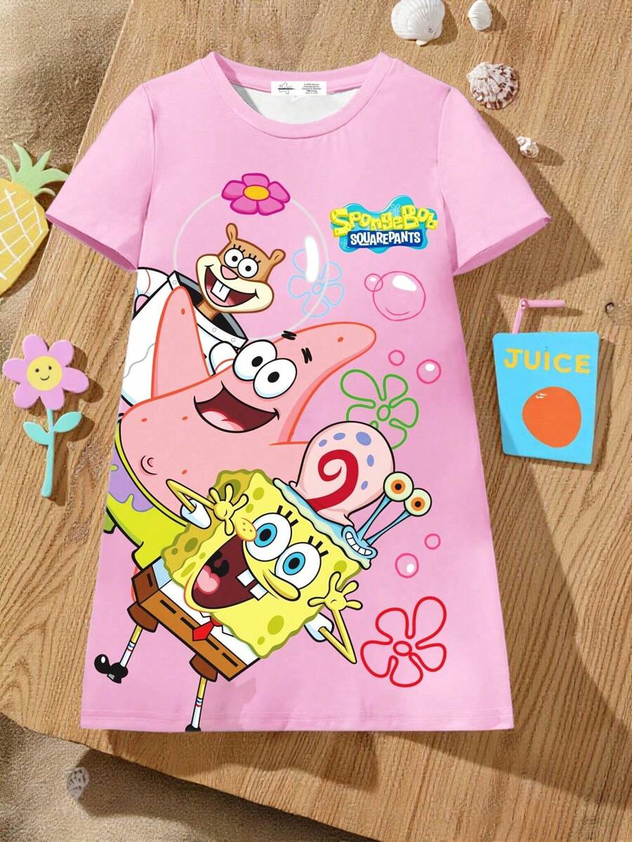 SpongeBob SquarePants | SHEIN Young Girl Round Neck Short Sleeve Pink Comfortable Casual Cute Cartoon Patrick, Sandy, Gary Floral & Letter Pattern Summer Dress
