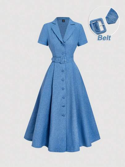 SHEIN MOD Blue Mid-Length Dress With Lapel And Belt, Short Sleeves,Summer Dresses For Women,Back To School,Business Casual Woman,Country Concert Outfit,Vacation Outfits Women,Teacher Outfits For Women,Office Outfits For Women,Western,Western Wear Women,School Clothes,Button Up,Back To School Clothes,Old Money,2000s Style,Vintage Clothes Women,Office Outfits For Women,Work Clothes Women,Back To School Clothes,Airport Outfit For Women
