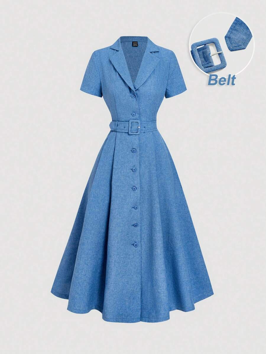 SHEIN MOD Mittellanges blaues Kleid mit Kragen und Gürtel, Kurzarm