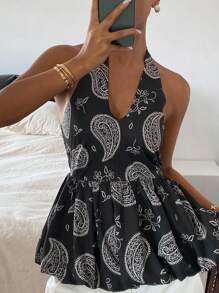 DAZY Blusa sin espalda con cuello de halter y estampado floral, adecuada para vacaciones en otoño