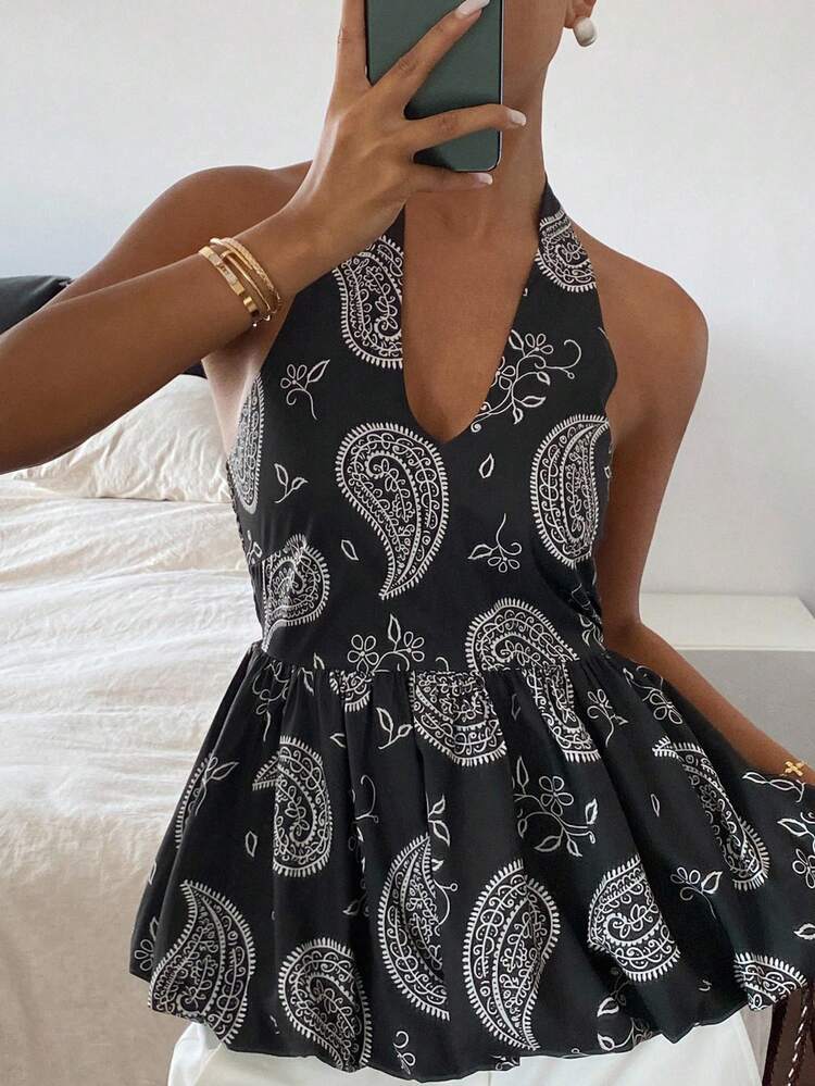 DAZY Women's Casual Halter Neck Backless Floral Print Tank Top, Suitable For Vacation In Autumn Cruise - Black - View 6