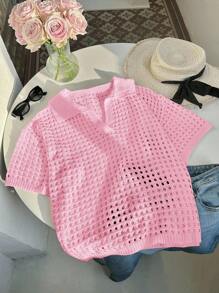 SHEIN EZwear Plus Size Women's Casual Solid Color Hollow Out Collared Short Sleeve Sweater Top, Yellow Summer Top In Fall/Winter - Pink - View 3