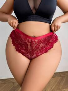 大码女式露背蕾丝性感丁字裤 - 酒紅色 - 查看 5