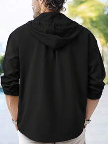 Manfinity Homme Men's Letter Patched Long Sleeve Single-Breasted Drawstring Hooded Shacket, Fall - Black - View 2