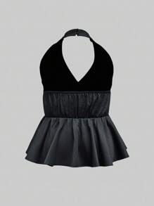 INAWLY Top halter de color negro sólido, sin espalda, para tallas grandes, sexy