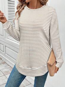 SHEIN LUNE Women's Casual Crew Neck Asymmetrical Hem Sweatshirt, Textured Striped Fabric Going Out Tops Women Work For Women Oversized T Shirt Women Business Casual Women Airport Striped Long Sleeve Shirt Women Women Long Sleeve Tops Ribbed Knit Top Long Sleeve Shirts For Women Knitted Tops For Women Long Sleeve T-Shirt In Fall/Winter - Multicolor - View 3