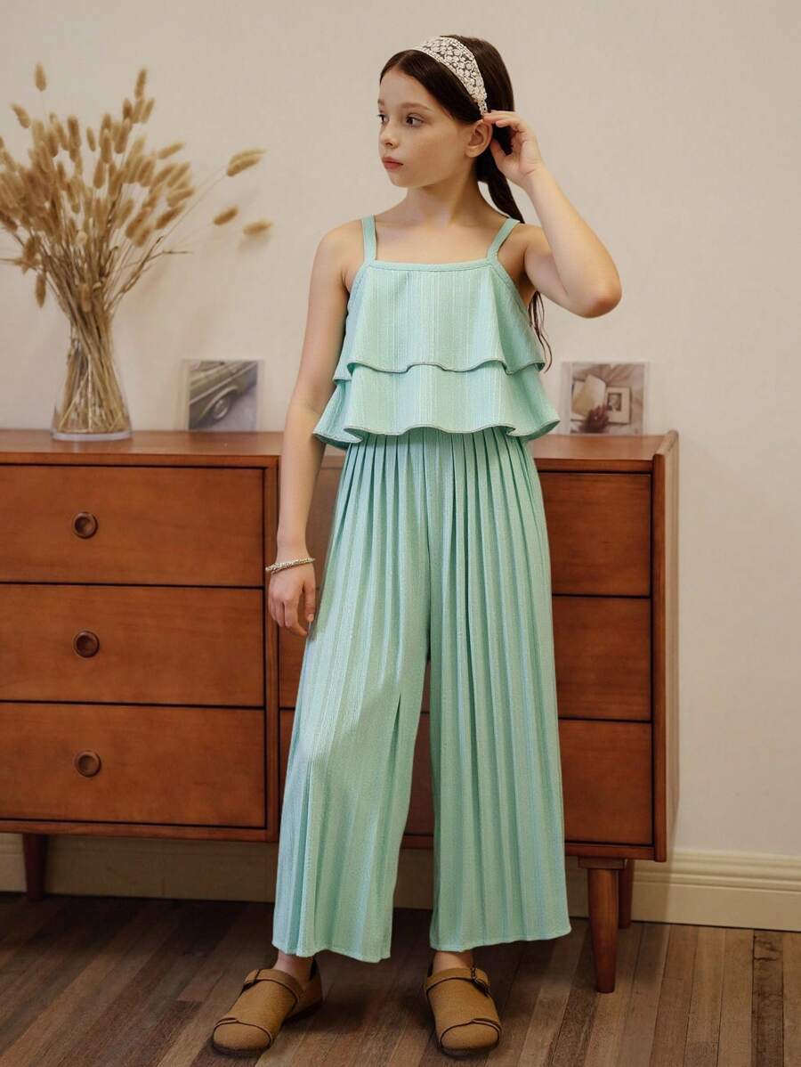 SHEIN Vintaside Kids 少女分層縫邊背心上衣和褶裥寬腿褲 - 綠色 - 查看 1