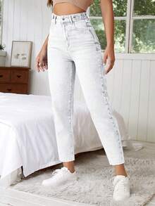 Cottnline 100%Cotton Women's Casual Solid Tapered Jeans - White - View 5