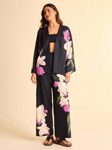 CAJUNI 2 件女式花卉印花长袖和服衬衫和裤子假日套装 - 波西米亚风格女装，图案 - 彩色 - 查看 3