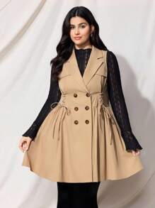 SHEIN MOD 大码女式米色束腰泡泡袖无袖风衣 - 卡其色 - 查看 5