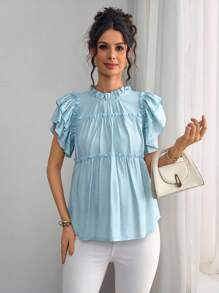 Momance 荷叶边领口孕妇衬衫，双层短袖设计，多层荷叶边装饰孕妇上衣 - 淺藍色 - 查看 6