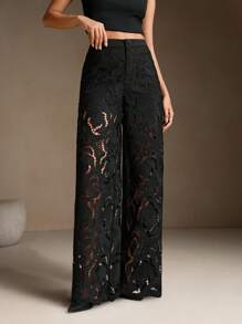 Anewsta Pantalones rectos sin estiramiento casuales y elegantes para mujer con diseño calado - Negro - Ver 4