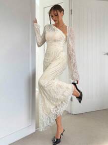 Siren Gaze Đầm dài ôm sát màu đen bằng vải lưới dành cho nữ, có phần vai khoét, xếp ly ở eo, dáng chữ A - Kiểu dáng thon gọn, đầm đi nghỉ mát, đầm hai dây kiểu Pháp, đầm dài tay màu đen, đầm dạ hội thanh lịch mùa đông, đầm cưới mùa xuân, đầm nghỉ dưỡng. - Màu be - Xem 1