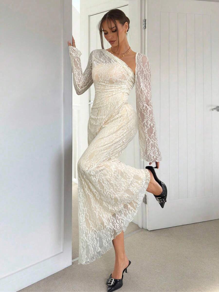 Siren Gaze Đầm dài ôm sát màu đen bằng vải lưới dành cho nữ, có phần vai khoét, xếp ly ở eo, dáng chữ A - Kiểu dáng thon gọn, đầm đi nghỉ mát, đầm hai dây kiểu Pháp, đầm dài tay màu đen, đầm dạ hội thanh lịch mùa đông, đầm cưới mùa xuân, đầm nghỉ dưỡng. - Màu be - Xem 1