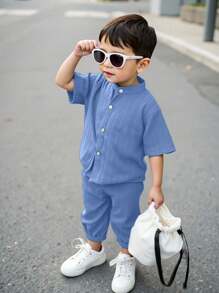 SHEIN Genkimix Kids 2 件套年轻男童休闲韩版短袖衬衫和慢跑裤套装，适合日常穿着，春夏季返校季 - 霧霾藍 - 查看 3