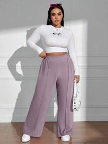 SHEIN EZwear 大码休闲纯色直筒裤 - 淡紫色 - 查看 4