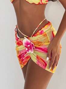 Bonvoyette Neues Damen Sichtschutz-Kleid mit zufälligen Blumendrucken, Seitenbandschnürung, 3D Blumendetail, Strand/Pool Mini Rock geeignet für alle